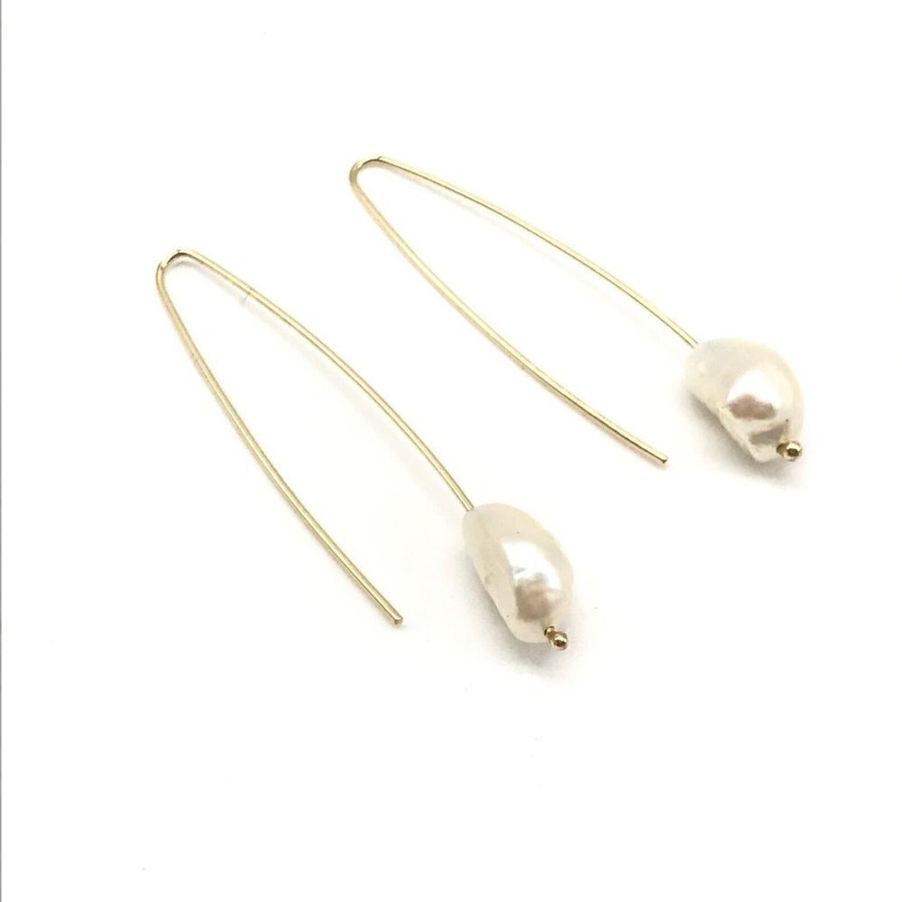 14k Yellow Gold 13MM Baroque Pearl Hook Drop Earrings 2" - Picture 3 of 8
